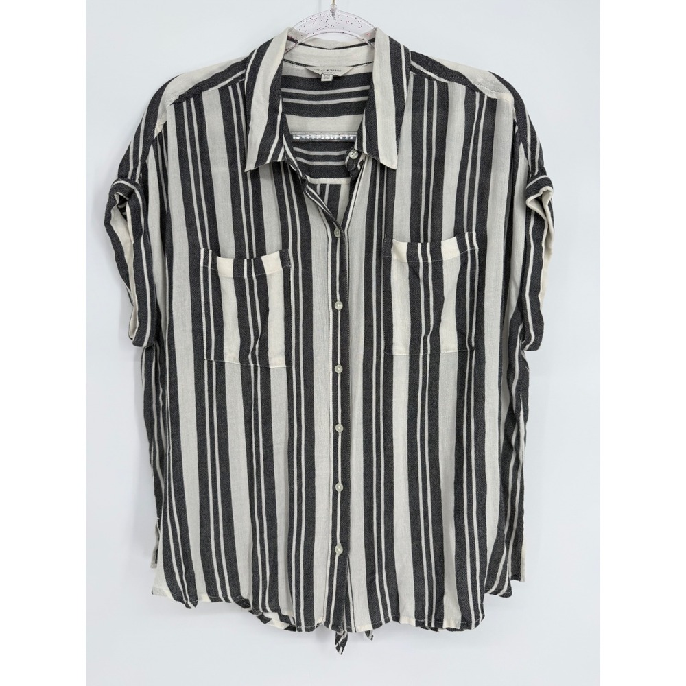 Lucky Brand Womens Black Cream Striped Short Sleeve Button Down Shirt Sz L